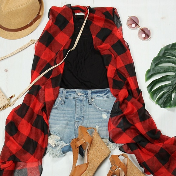 NEW Womens Black Red Christmas Plaid Cardigan Kimono Duster Vest - Picture 2 of 5